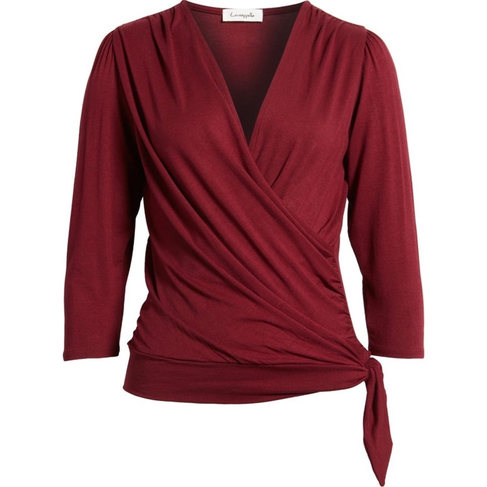Loveappella Elegant Burgundy Faux Tie Wrap Top Size Small New WOT - Picture 7 of 9